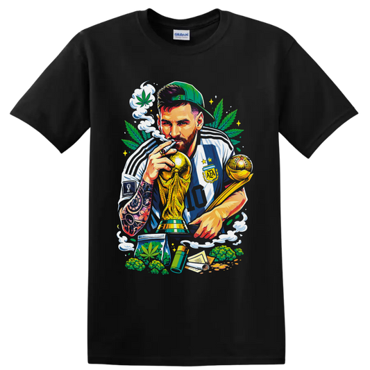 Colorful number 10 soccer champion with gold trophies, cannabis leaves, and smoke on a Black T Shirt