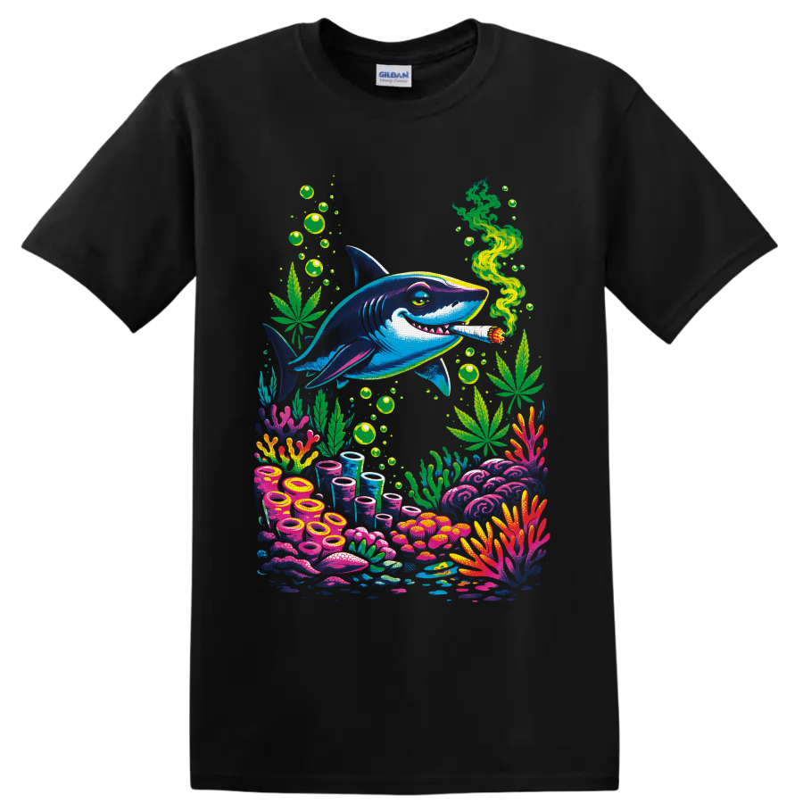 Psychedelic blue shark with cannabis leaves, green smoke, bubbles, and colorful coral reef on a Black T Shirt