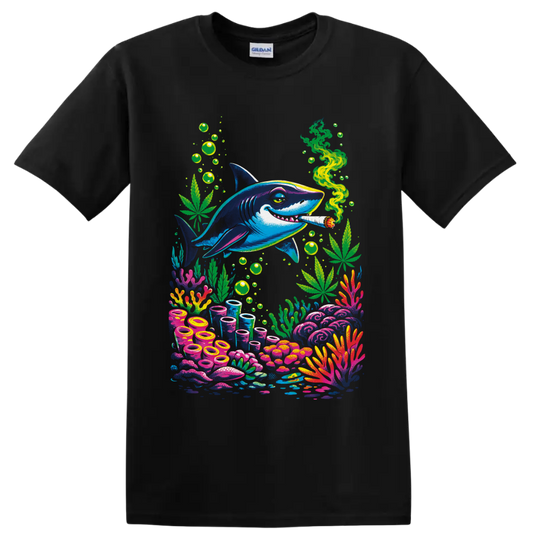 Psychedelic blue shark with cannabis leaves, green smoke, bubbles, and colorful coral reef on a Black T Shirt