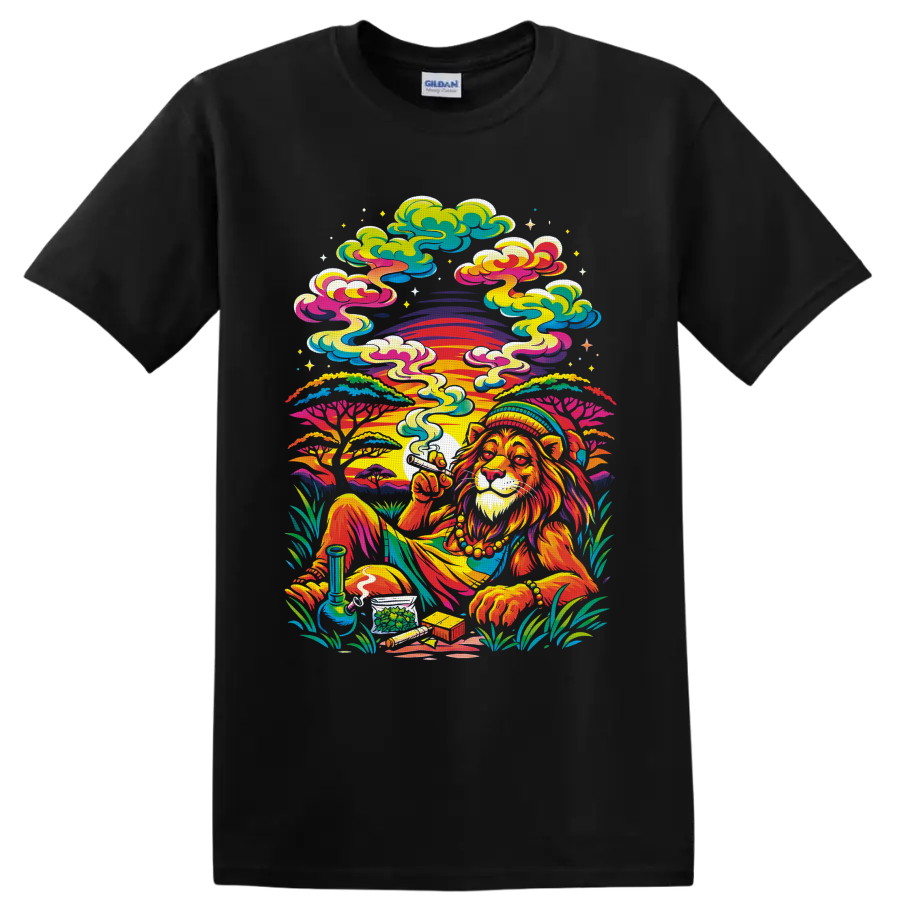Psychedelic cannabis lion with sunset, smoke, water pipe, buds, and swirling clouds on a Black T Shirt