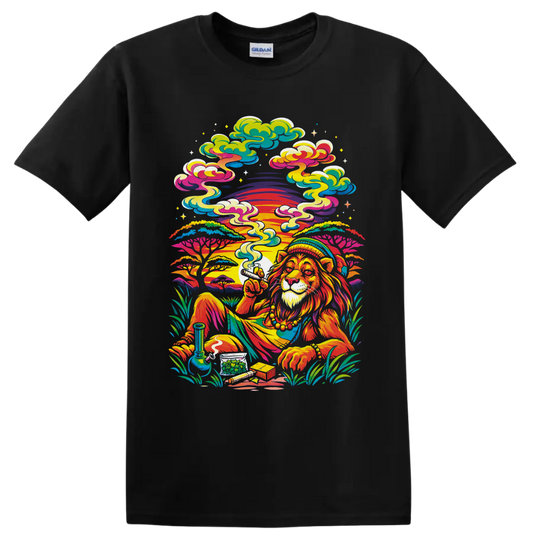 Psychedelic cannabis lion with sunset, smoke, water pipe, buds, and swirling clouds on a Black T Shirt