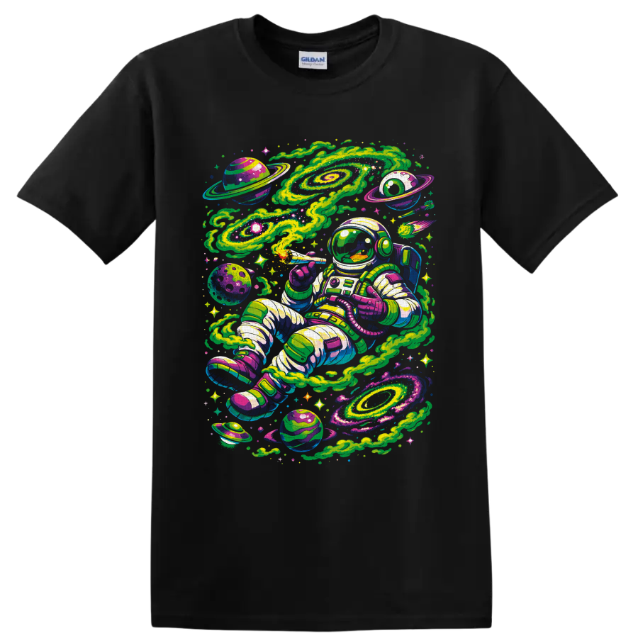 Psychedelic astronaut smoking a joint among neon galaxies, planets, and stars on a Black T Shirt
