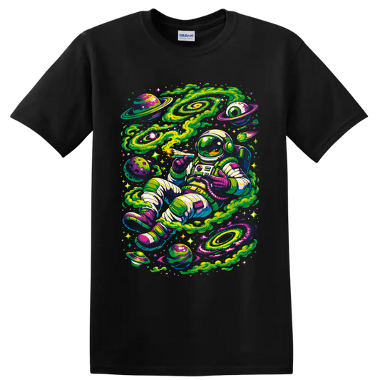 Psychedelic astronaut smoking a joint among neon galaxies, planets, and stars on a Black T Shirt