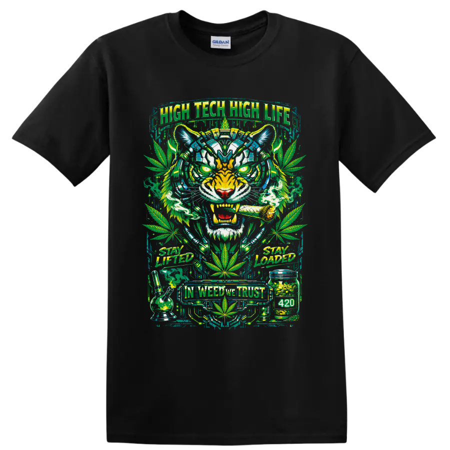 Neon cyberpunk tiger with cannabis leaves, bong, jar, and 420 street-art text on a Black T Shirt