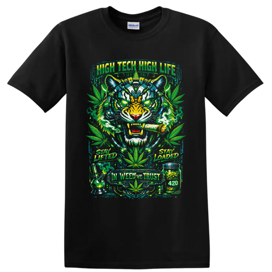 Neon cyberpunk tiger with cannabis leaves, bong, jar, and 420 street-art text on a Black T Shirt