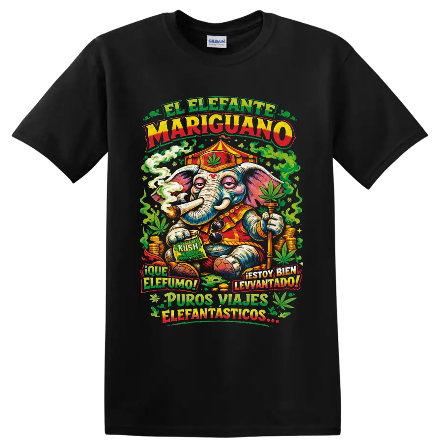 Psychedelic cannabis circus elephant with smoke, leaves, coins, and Spanish text on a Black T Shirt