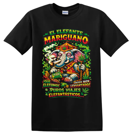 Psychedelic cannabis circus elephant with smoke, leaves, coins, and Spanish text on a Black T Shirt