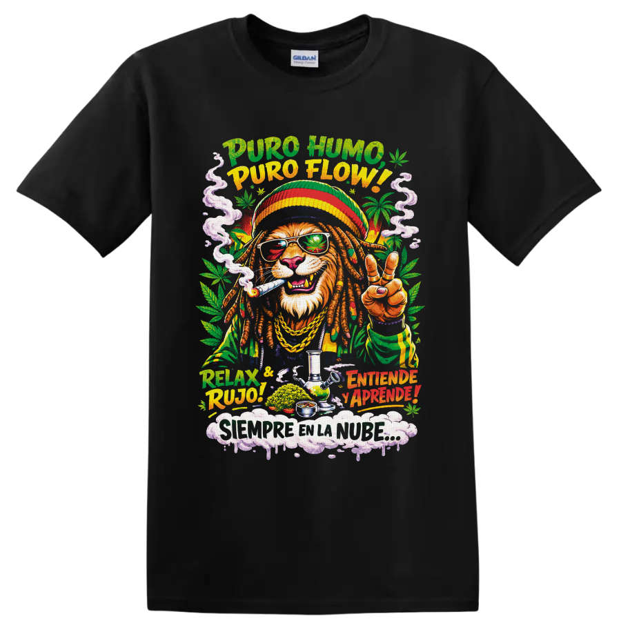 Rasta-style lion in cannabis leaf shades with smoke, peace sign, and Spanish 420 text on a Black T Shirt