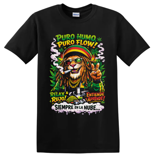 Rasta-style lion in cannabis leaf shades with smoke, peace sign, and Spanish 420 text on a Black T Shirt