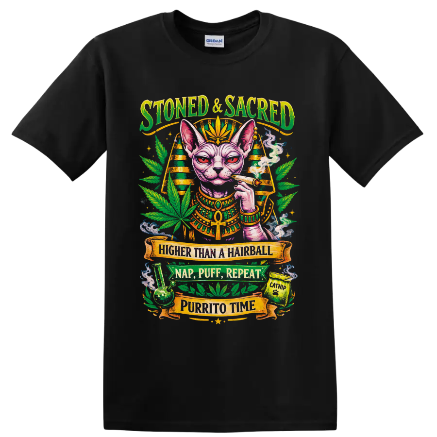Egyptian-inspired Sphynx cat cannabis graphic with Stoned & Sacred banner text on a Black T Shirt