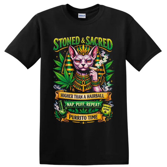 Egyptian-inspired Sphynx cat cannabis graphic with Stoned & Sacred banner text on a Black T Shirt