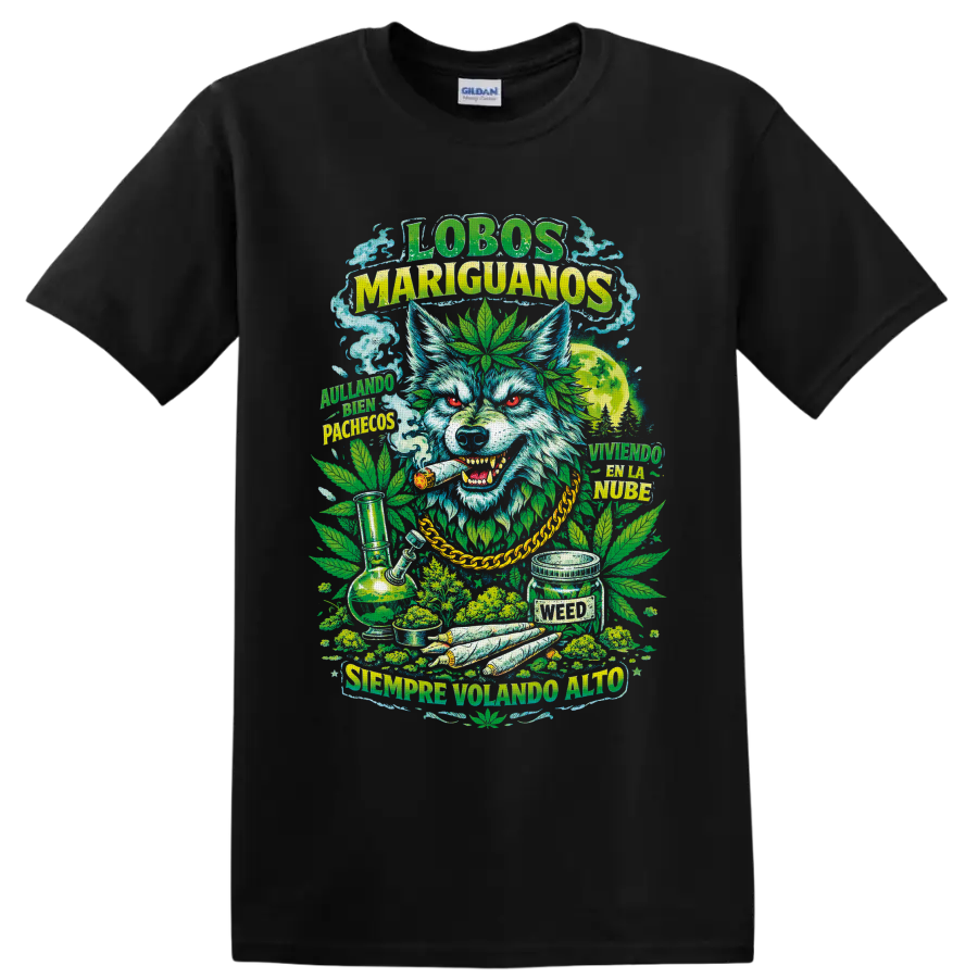 Psychedelic cannabis wolf with marijuana leaves, moon, smoke, and Spanish lettering on a Black T Shirt