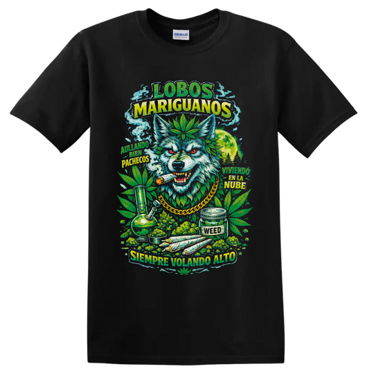 Psychedelic cannabis wolf with marijuana leaves, moon, smoke, and Spanish lettering on a Black T Shirt
