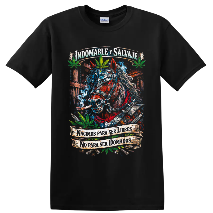 Distressed blue and red horse with cannabis leaves and Spanish freedom banners on a Black T Shirt