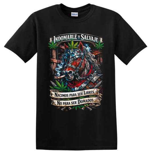 Distressed blue and red horse with cannabis leaves and Spanish freedom banners on a Black T Shirt