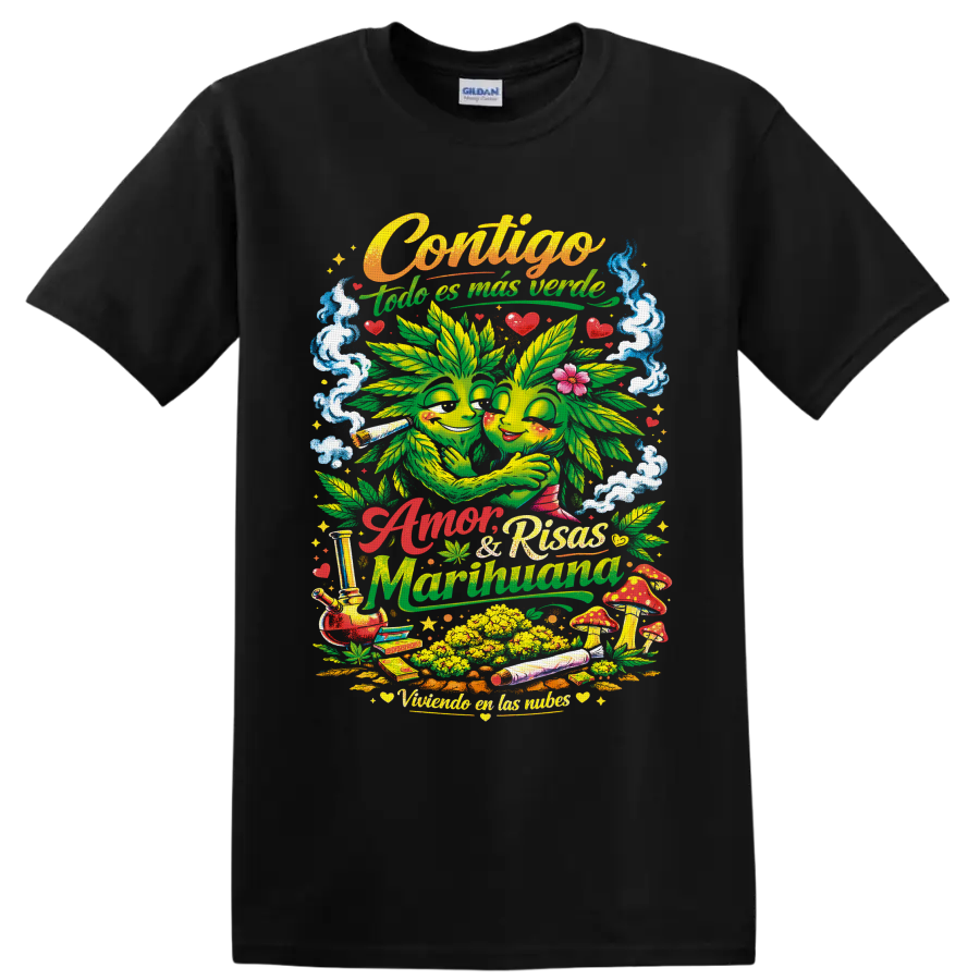Psychedelic hugging cannabis leaf couple with mushrooms, smoke, hearts, and Spanish on a Black T Shirt