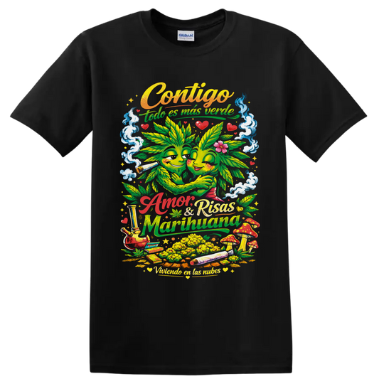 Psychedelic hugging cannabis leaf couple with mushrooms, smoke, hearts, and Spanish on a Black T Shirt