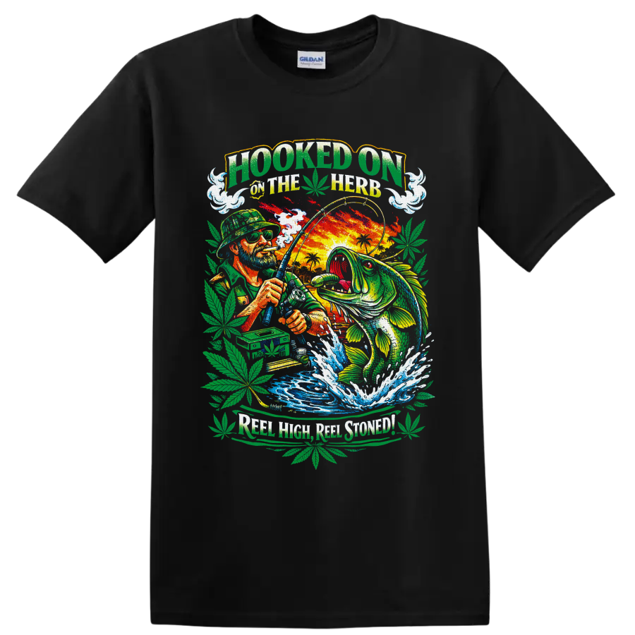 Bass angler and leaping fish in colorful cannabis fishing graphic with Hooked on the Herb on a Black T Shirt