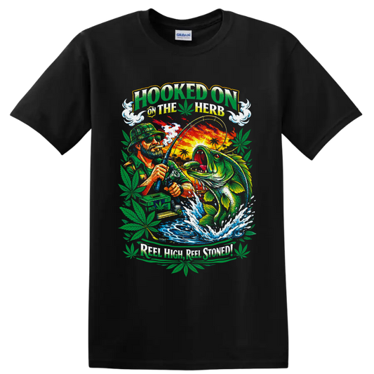 Bass angler and leaping fish in colorful cannabis fishing graphic with Hooked on the Herb on a Black T Shirt