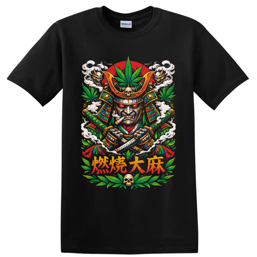 Cannabis samurai warrior graphic with katana swords, skulls, smoke, and leaves on a Black T Shirt