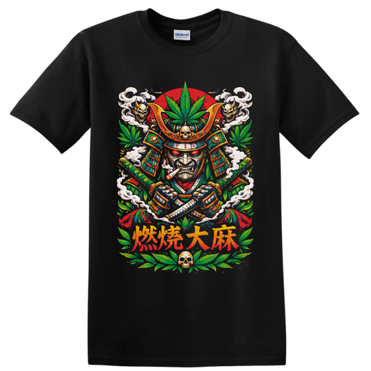 Cannabis samurai warrior graphic with katana swords, skulls, smoke, and leaves on a Black T Shirt