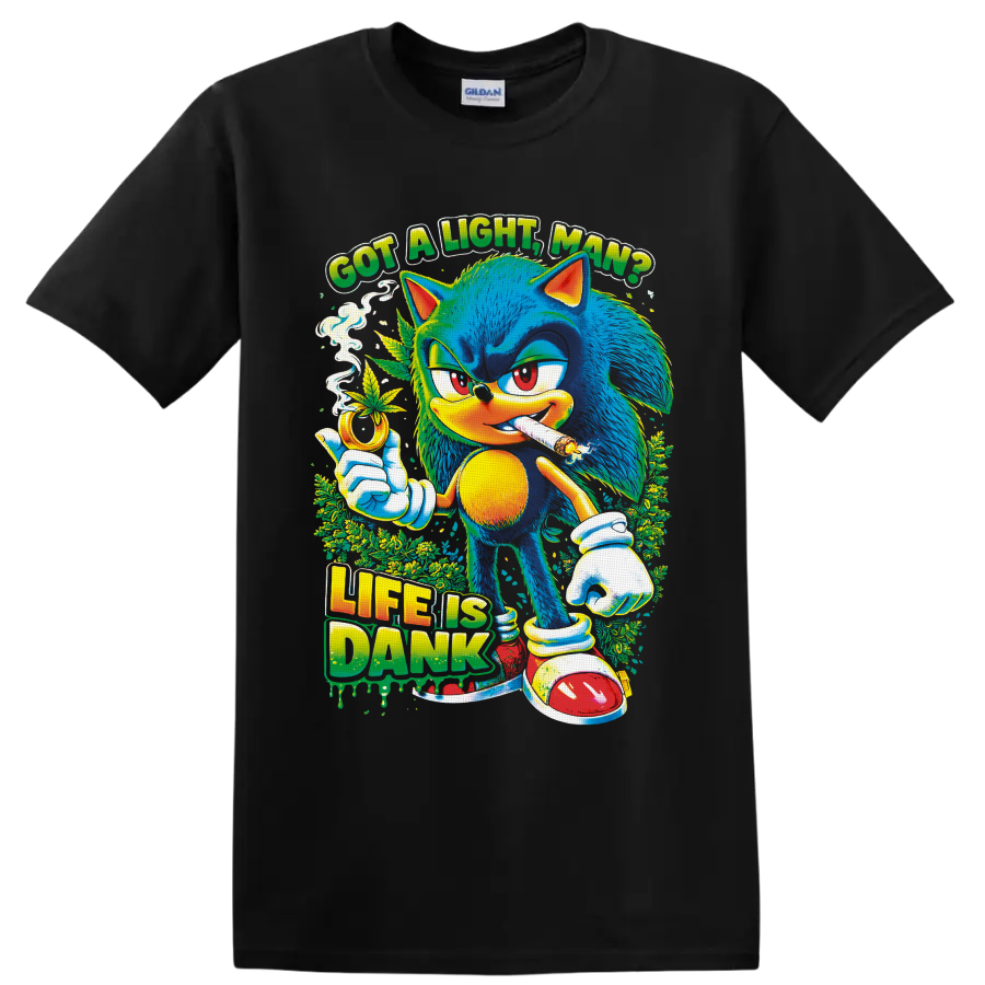 Psychedelic Sonic the Hedgehog 420 cannabis art with Got a Light, Man? text on a Black T Shirt