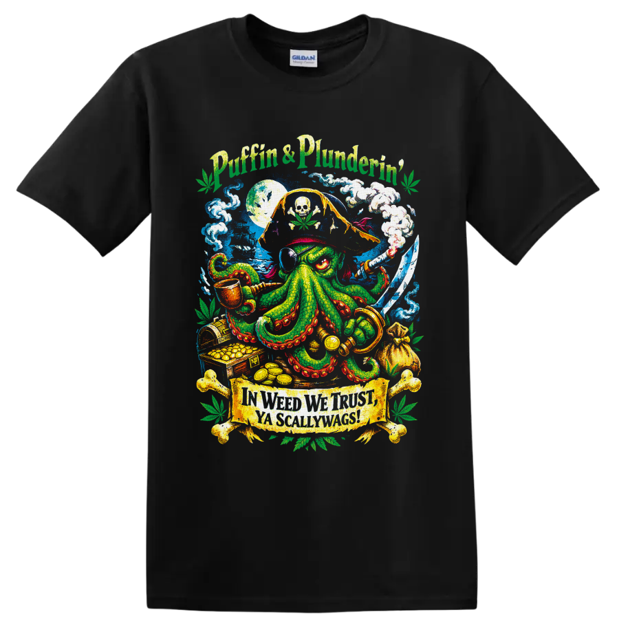 Cannabis pirate octopus with skull flag, sword, smoke, treasure, and Puffin' & Plunderin' on a Black T Shirt