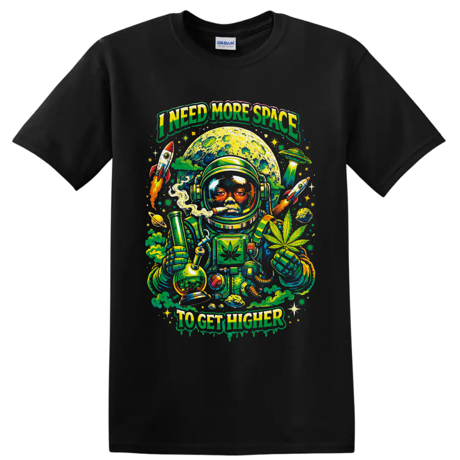 Psychedelic cannabis astronaut with moon, bong, rockets, and I Need More Space text on a Black T Shirt