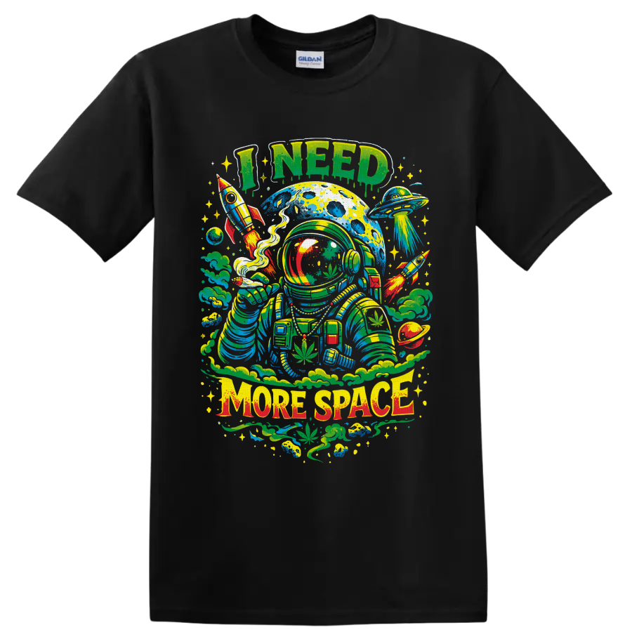 Psychedelic cannabis astronaut with rockets, UFO, and I Need More Space text on a Black T Shirt
