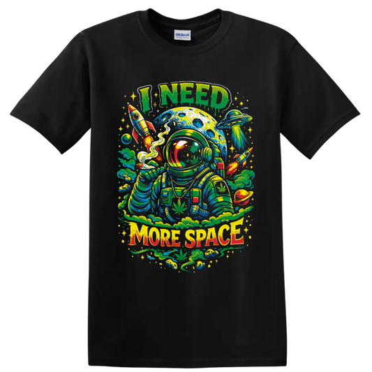 Psychedelic cannabis astronaut with rockets, UFO, and I Need More Space text on a Black T Shirt