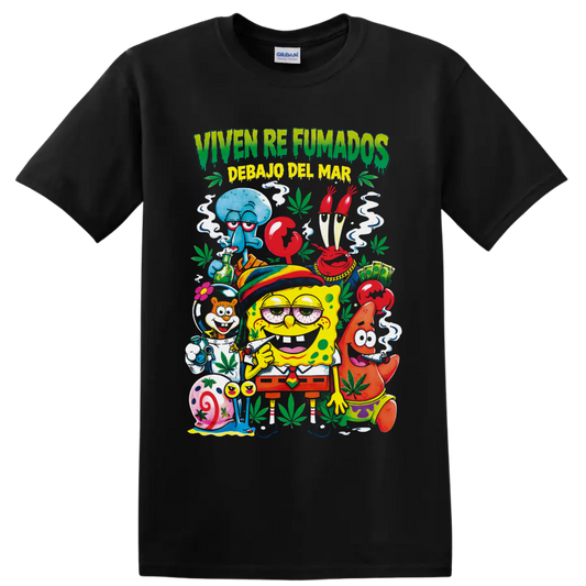 SpongeBob and Bikini Bottom friends in a colorful 420 cannabis cartoon collage on a Black T Shirt