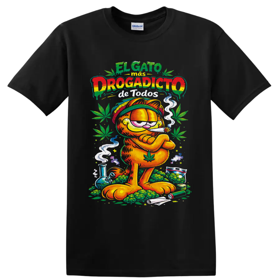 Garfield 420 Rastafari cartoon with cannabis leaves, smoke, and Spanish lettering on a Black T Shirt