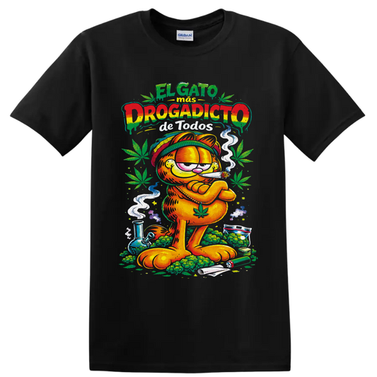 Garfield 420 Rastafari cartoon with cannabis leaves, smoke, and Spanish lettering on a Black T Shirt