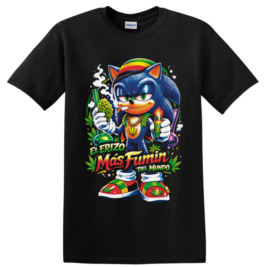 Blue cartoon hedgehog with cannabis leaves, glass pipes, and El Erizo Más Fumón text on a Black T Shirt