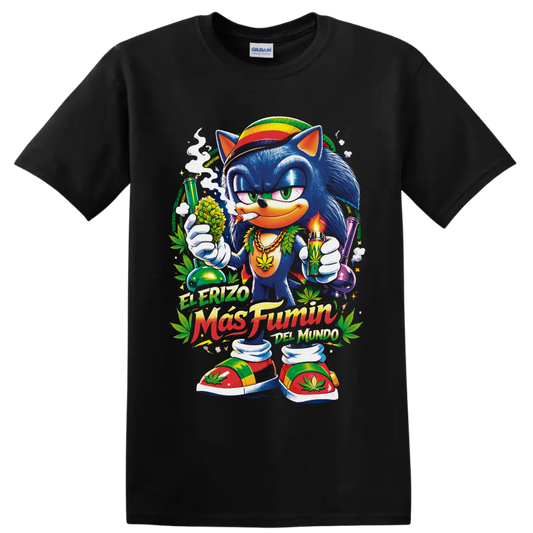 Blue cartoon hedgehog with cannabis leaves, glass pipes, and El Erizo Más Fumón text on a Black T Shirt