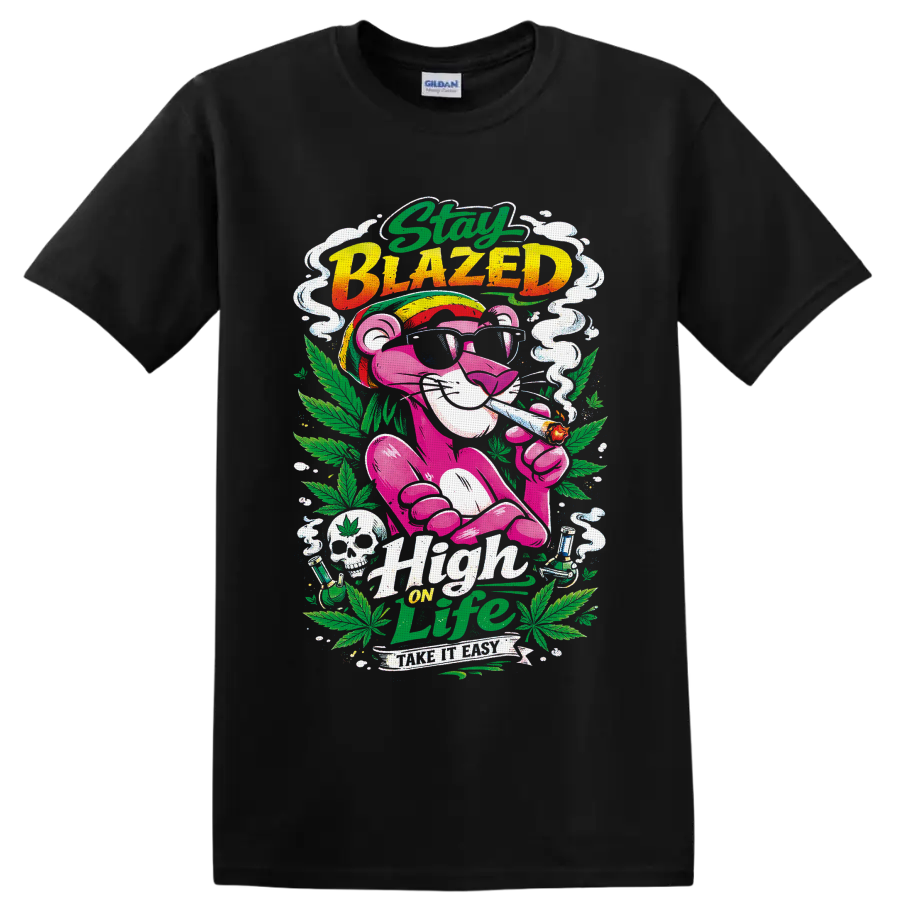 Retro pink smoking cat with cannabis leaves, Stay Blazed and High on Life text on a Black T Shirt
