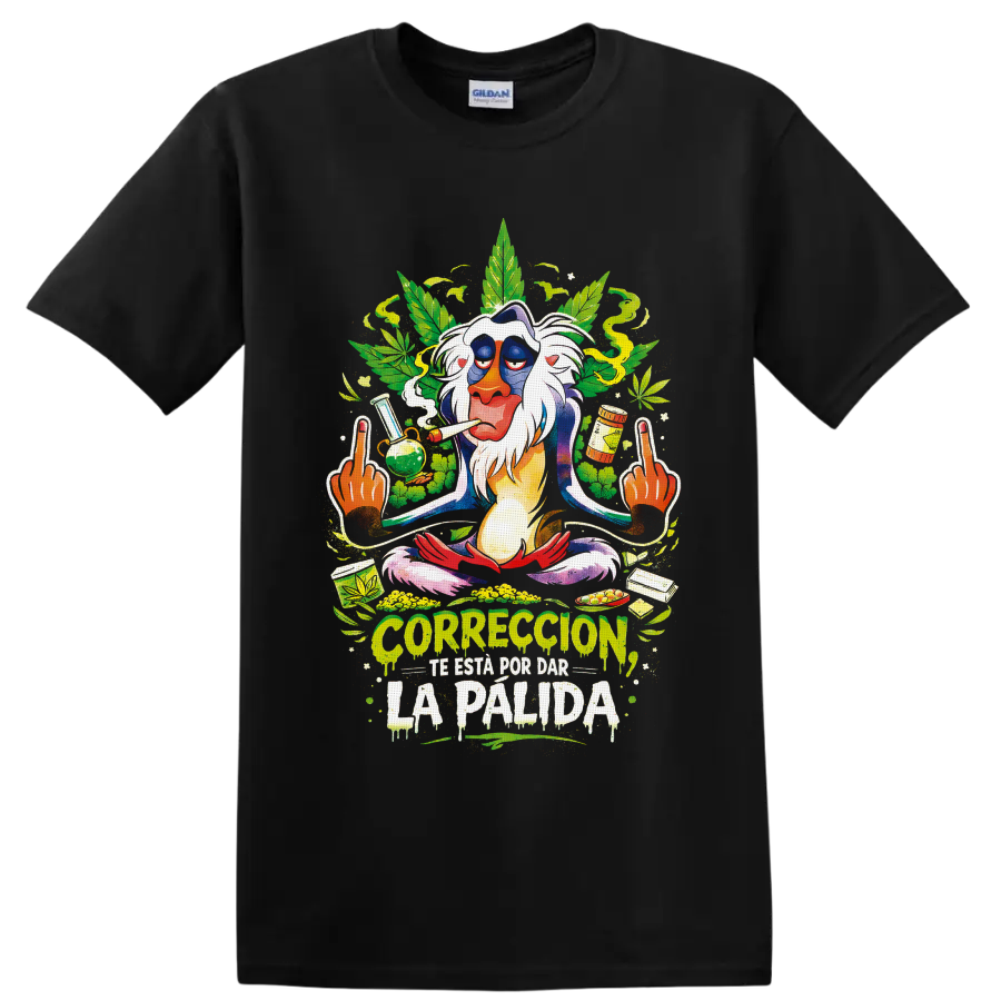 Psychedelic mandrill cannabis graphic with leaves, smoke, pipe, and dripping Spanish on a Black T Shirt