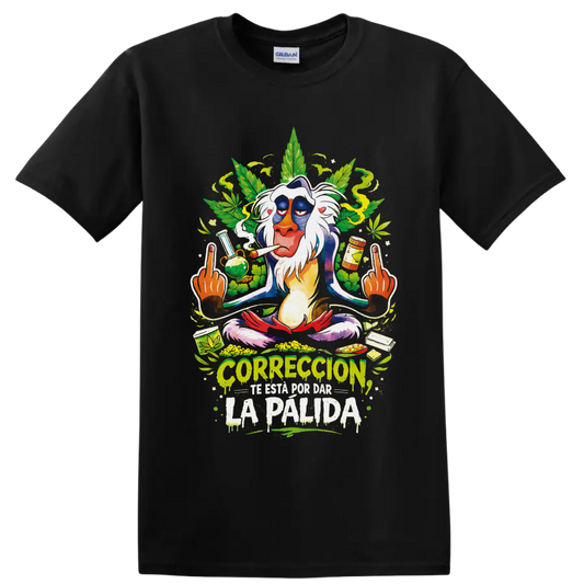 Psychedelic mandrill cannabis graphic with leaves, smoke, pipe, and dripping Spanish on a Black T Shirt