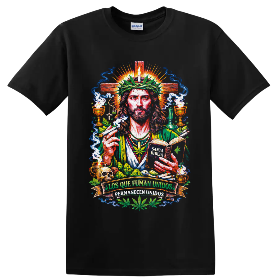 Jesus cannabis sacred art graphic with cross, leaf crown, smoke, and Spanish unity banner on a Black T Shirt