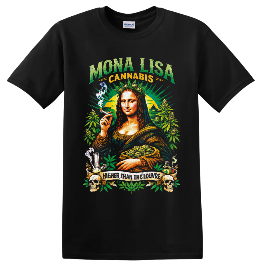 Mona Lisa cannabis collage with buds, leaves, skulls, smoke, and Higher Than the Louvre on a Black T Shirt