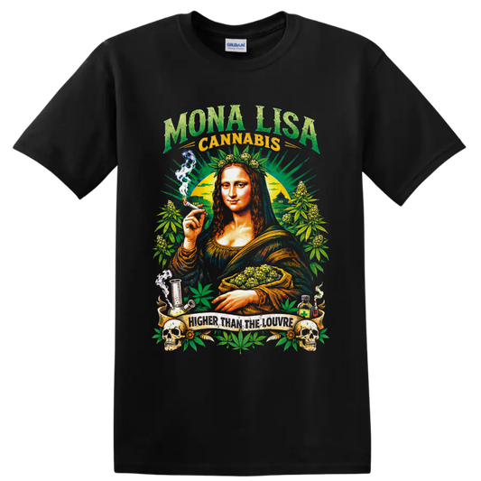 Mona Lisa cannabis collage with buds, leaves, skulls, smoke, and Higher Than the Louvre on a Black T Shirt