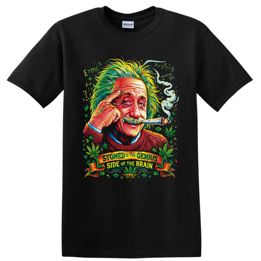 Psychedelic Albert Einstein portrait with cannabis leaves and smoke on a Black T Shirt