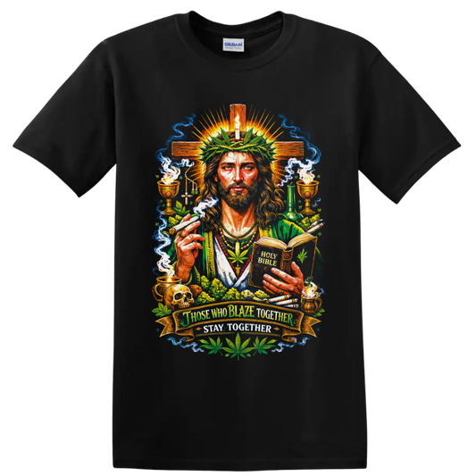 Psychedelic Cannabis Jesus with leaf crown, Holy Bible, cross, smoke, and chalices on a Black T Shirt
