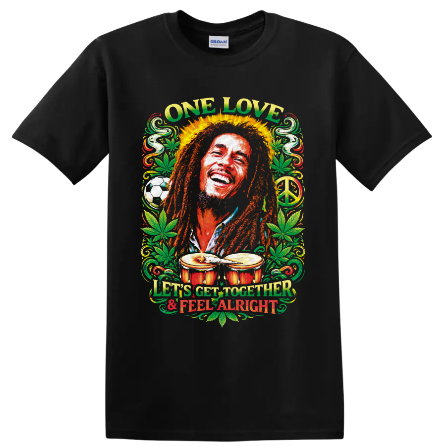 Bob Marley reggae portrait with One Love text, cannabis leaves, drums, and peace sign on a Black T Shirt