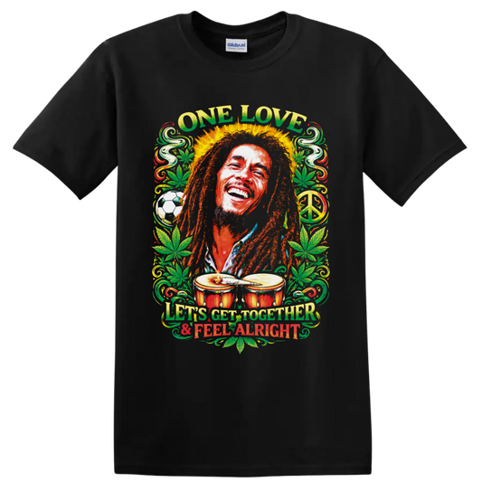 Bob Marley reggae portrait with One Love text, cannabis leaves, drums, and peace sign on a Black T Shirt