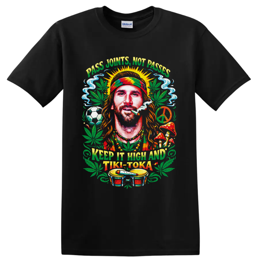 Rasta-style cannabis portrait with soccer ball, peace sign, bongos, and Tiki-Toka text on a Black T Shirt