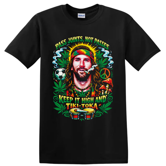 Rasta-style cannabis portrait with soccer ball, peace sign, bongos, and Tiki-Toka text on a Black T Shirt