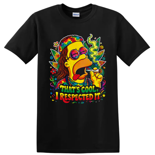 Psychedelic hippie cannabis portrait with peace sunglasses and THAT'S COOL, I RESPECTED on a Black T Shirt