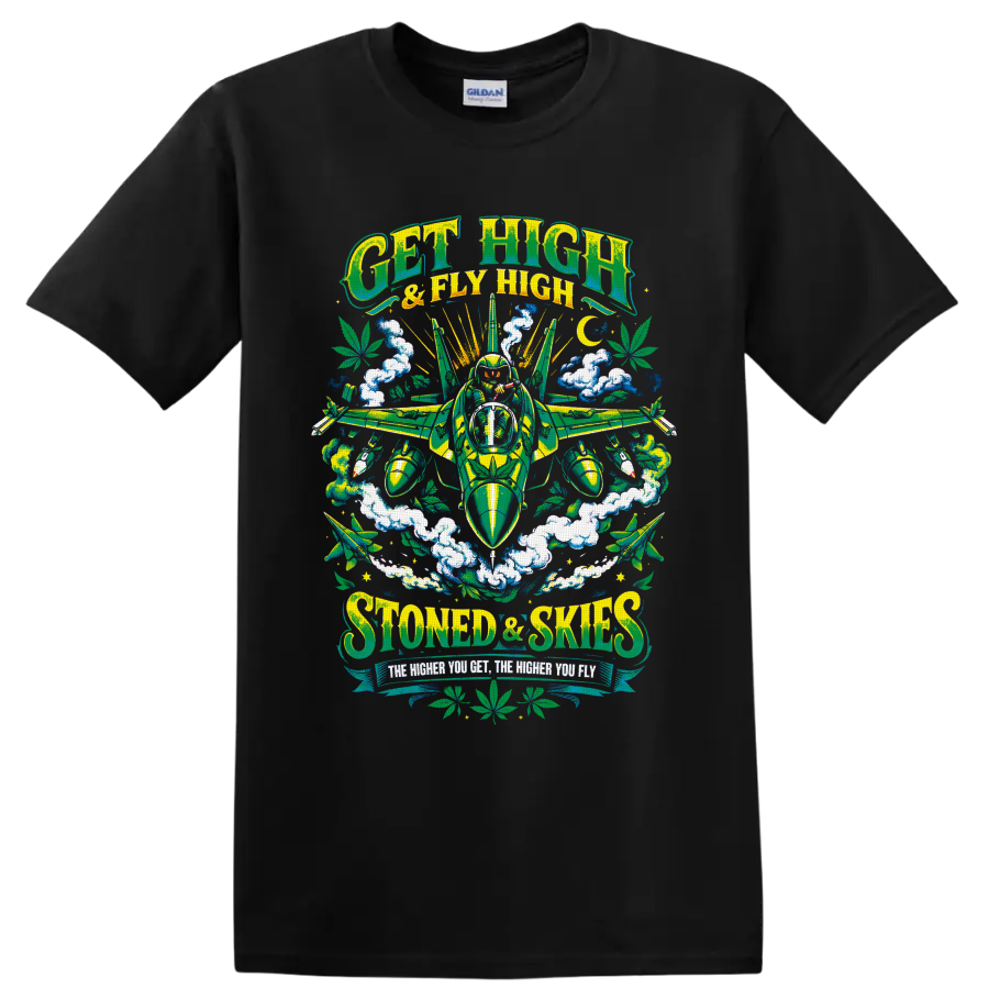 Get High & Fly High retro cannabis fighter jet with pilot, smoke clouds, and leaves on a Black T Shirt
