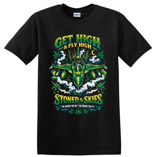 Get High & Fly High retro cannabis fighter jet with pilot, smoke clouds, and leaves on a Black T Shirt